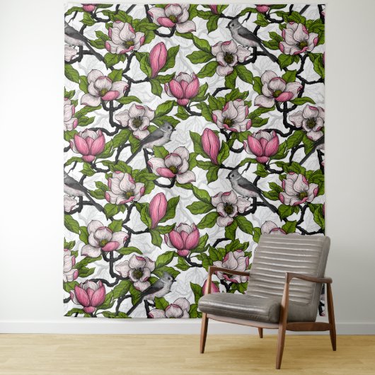 Blühende Magnolie und Titmausvogel Wandteppich (Beispiel)