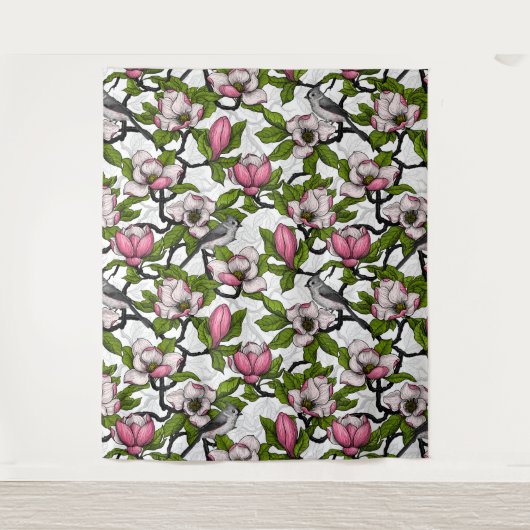 Blühende Magnolie und Titmausvogel Wandteppich (Vorderseite)