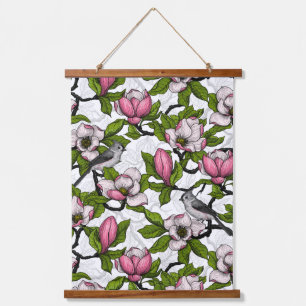 Blühende Magnolie und Titmausvogel Wandteppich Mit Holzrahmen