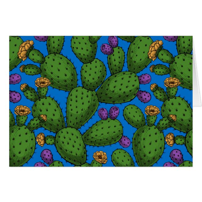 Blühende Opuntia auf blau (Vorderseite (Horizontal))
