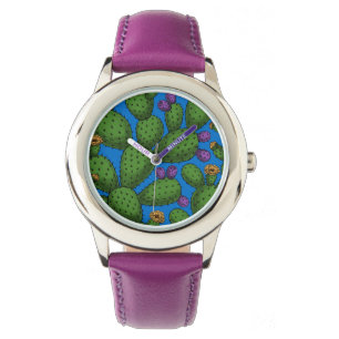 Blühende Opuntia auf blau Armbanduhr