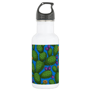 Blühende Opuntia auf blau Edelstahlflasche