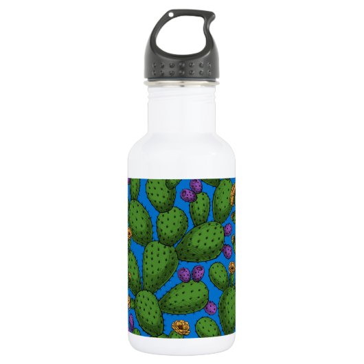 Blühende Opuntia auf blau Edelstahlflasche (Vorderseite)