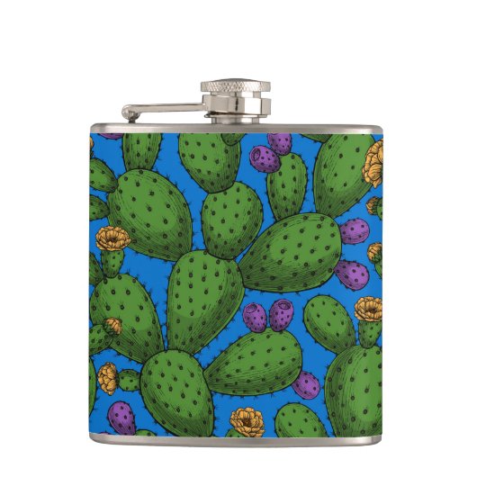 Blühende Opuntia auf blau Flachmann (Vorderseite)
