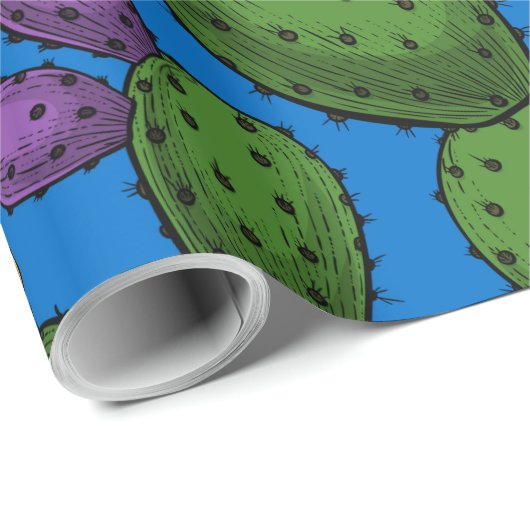 Blühende Opuntia auf blau Geschenkpapier (Rolleneckpunkt)