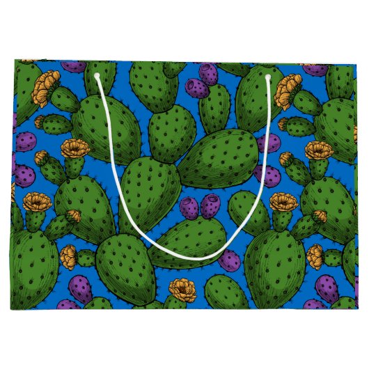 Blühende Opuntia auf blau Große Geschenktüte (Rückseite)