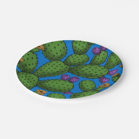 Blühende Opuntia auf blau Pappteller (Schrägansicht)