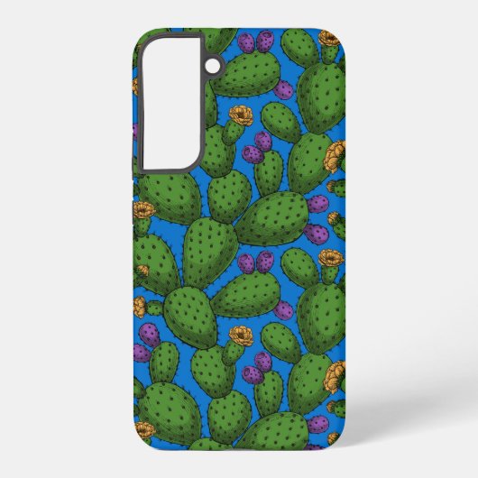 Blühende Opuntia auf blau Samsung Galaxy Hülle (Rückseite)