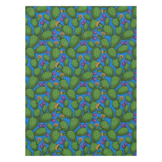 Blühende Opuntia auf blau Tischdecke (Vorderseite)