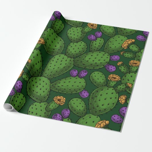 Blühende Opuntia auf dunkelgrün Geschenkpapier (Ungerollt)