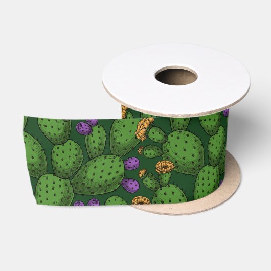 Blühende Opuntia auf dunkelgrün Satinband (Spule)