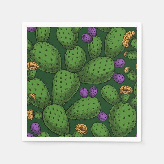 Blühende Opuntia auf dunkelgrün Serviette (Vorderseite)