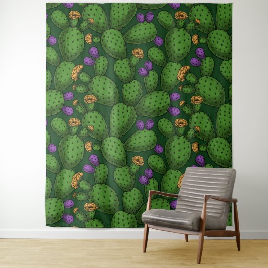 Blühende Opuntia auf dunkelgrün Wandteppich (Beispiel)