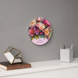 Blühende Peonies Neue Zuhause-Blumenwall-Uhr Runde Wanduhr