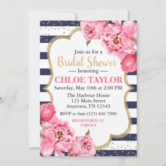 Blühende Peonies Pink & Navy Brautparty Einladung (Vorderseite)