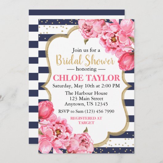 Blühende Peonies Pink & Navy Brautparty Einladung (Vorne/Hinten)