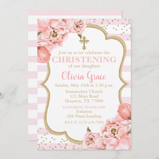Blühende Peonies Rosa Blush & Gold Christening Einladung (Vorne/Hinten)