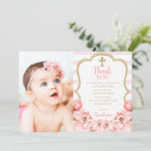 Blühende Peonies Rosa Blush & Gold Taufe Dankeskarte (Stehend Vorderseite)
