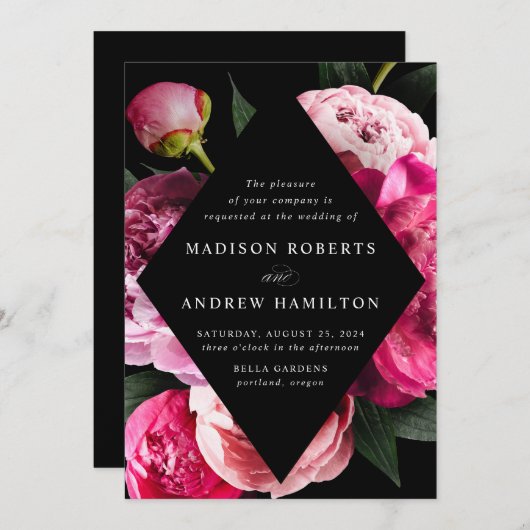 Blühende Peonies Schwarzer Diamant Blütenrahmen Ho Einladung (Vorne/Hinten)