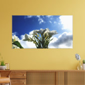 Blühende Plumeria gegen einen strahlenden Himmel Leinwanddruck (Insitu (Wohnzimmer))