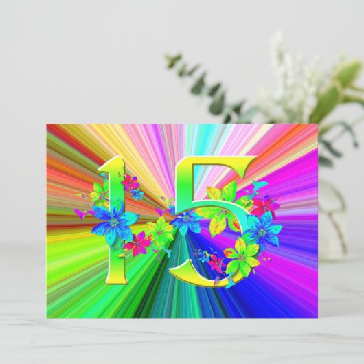 Blühende Regenbogen-Blume für den 15. Geburtstag Karte (Stehend Vorderseite)