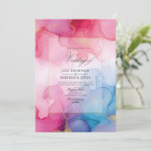 Blühende Rosa-, Blau- und Gold-Alkohol-Hochzeit Einladung (Stehend Vorderseite)