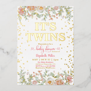 Blühende rosa Blumen Zwillingsmädchen Baby Shower Folieneinladung