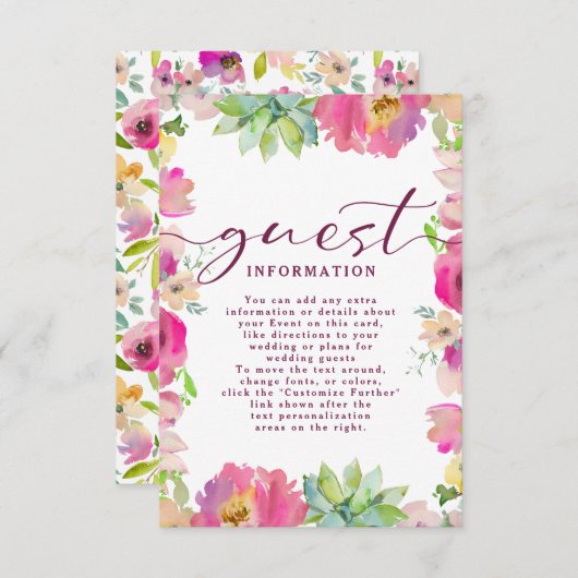 Blühende Rosa Floral Hochzeitsgastinformationen Begleitkarte (Vorne/Hinten)