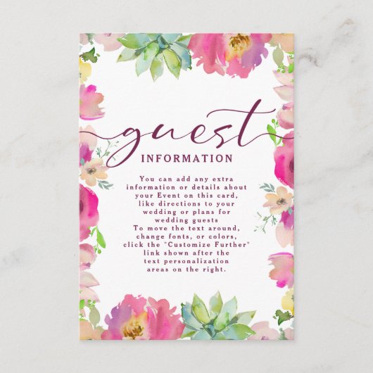 Blühende Rosa Floral Hochzeitsgastinformationen Begleitkarte (Vorderseite)