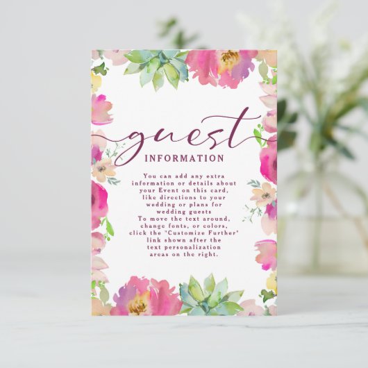 Blühende Rosa Floral Hochzeitsgastinformationen Begleitkarte (Stehend Vorderseite)