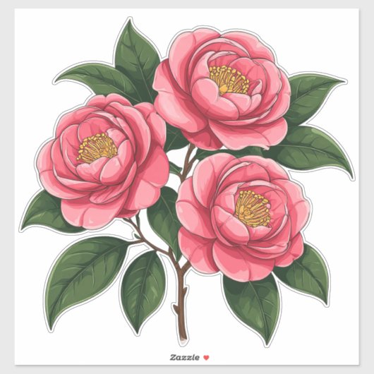 Blühende rosa Kamelienblüten mit grünen Blättern Aufkleber (Blatt)