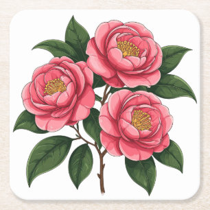 Blühende rosa Kamelienblüten mit grünen Blättern Rechteckiger Pappuntersetzer