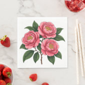 Blühende rosa Kamelienblüten mit grünen Blättern Serviette (Beispiel)