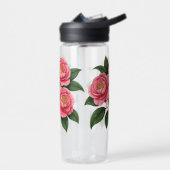 Blühende rosa Kamelienblüten mit grünen Blättern Trinkflasche (Links)