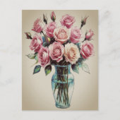 Blühende Rose Blume Bouquet Vase Zeichnend Kunst Postkarte (Vorderseite)