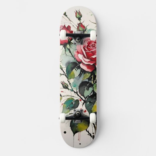 Blühende Rose Wasserfarbe Skateboard (Vorderseite)