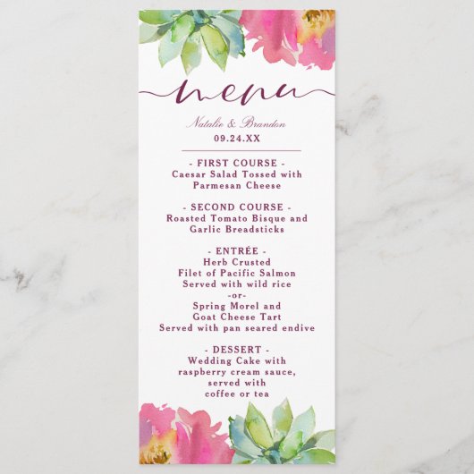 Blühende schicke Minze & Blush Rosa Blumendinner Menükarte (Vorderseite)