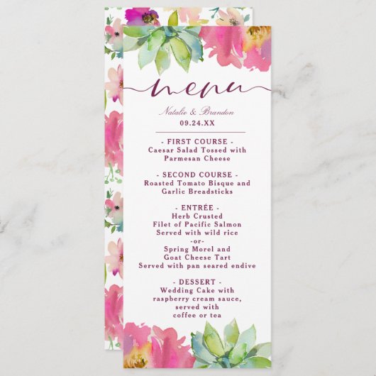 Blühende schicke Minze & Blush Rosa Blumendinner Menükarte (Vorne/Hinten)