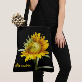 Blühende Sonnenblume auf schwarz, personalisiert Tasche