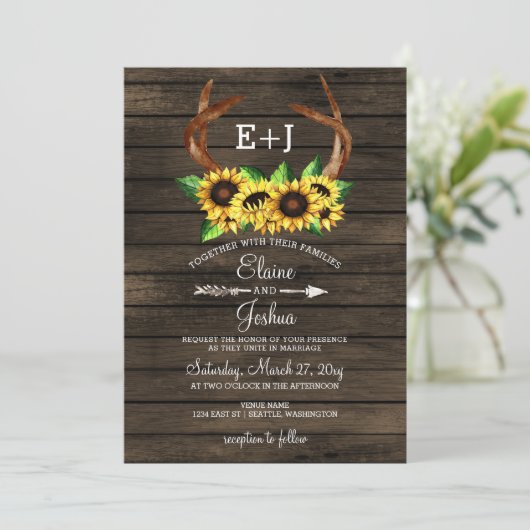 Blühende Sonnenblumen Antlers Country Chic Hochzei Einladung (Stehend Vorderseite)