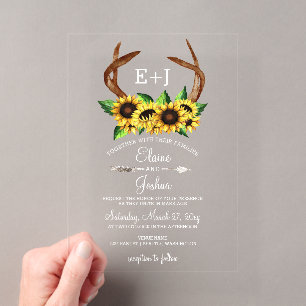 Blühende Sonnenblumen Geweih Land Chic Hochzeit Acryleinladungen