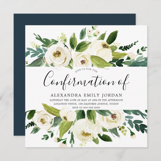 Blühende weiße Blume Grüne Leaf Bestätigung Einladung (Vorne/Hinten)