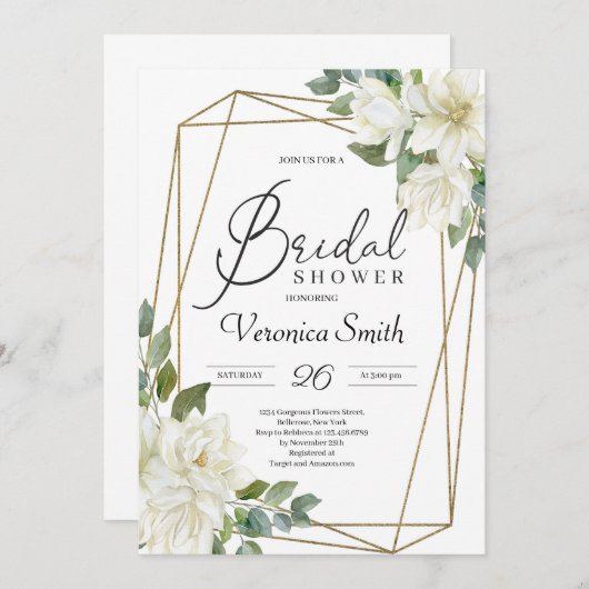 Blühende weiße Magnolia Blumengoldrahmen Einladung (Vorne/Hinten)