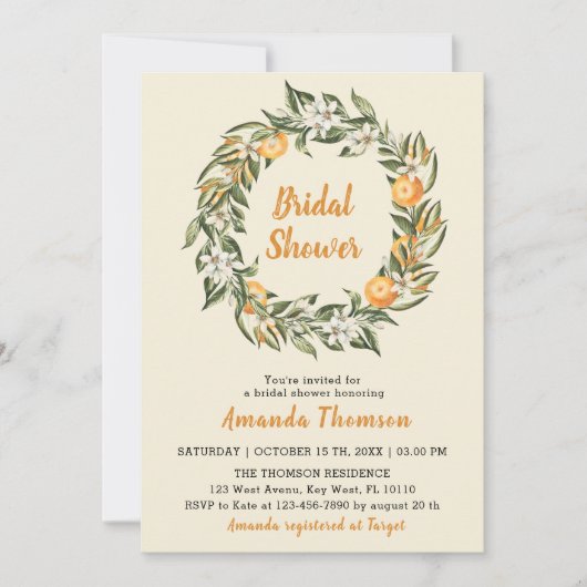 Blühende Zitrusfrüchte Botanische Brautdusche Einl Einladung (Vorderseite)