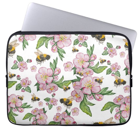 Blühender Apfelgarten mit Bienen-Aquarell Laptopschutzhülle (Vorderseite)
