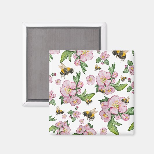 Blühender Apfelgarten mit Bienen-Aquarell Magnet (Vorderseite/Rückseite)