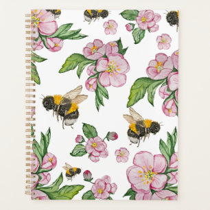 Blühender Apfelgarten mit Bienen-Aquarell Planer