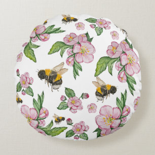 Blühender Apfelgarten mit Bienen-Aquarell Rundes Kissen