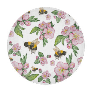 Blühender Apfelgarten mit Bienen-Aquarell Schneidebrett