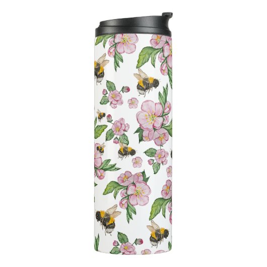 Blühender Apfelgarten mit Bienen-Aquarell Thermosbecher (Nach links gedreht)